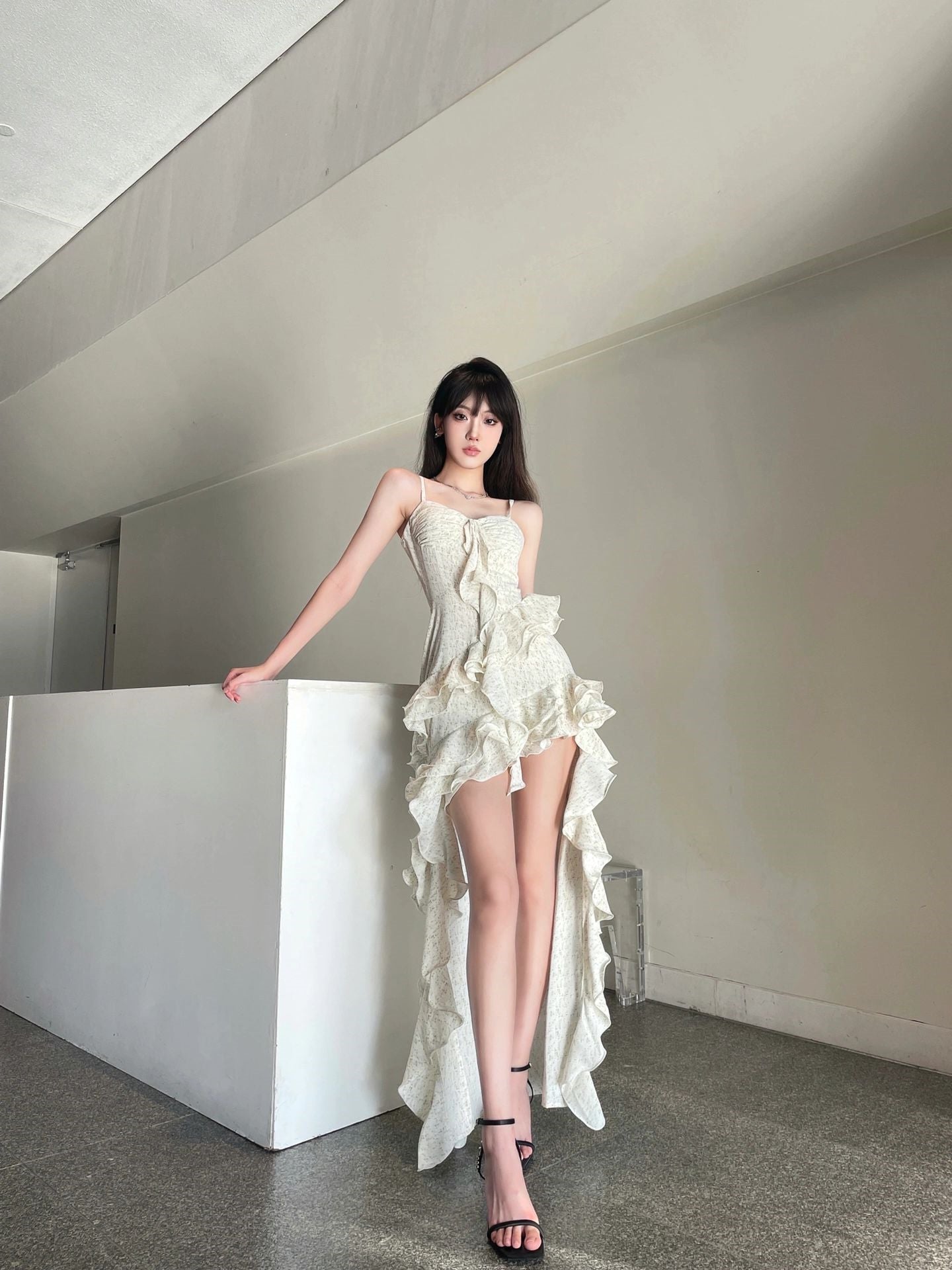Zllkl Paula Floral V-Neck Spaghetti Strap Irregular Cut Out Ruffle Short Front Long Back Dress