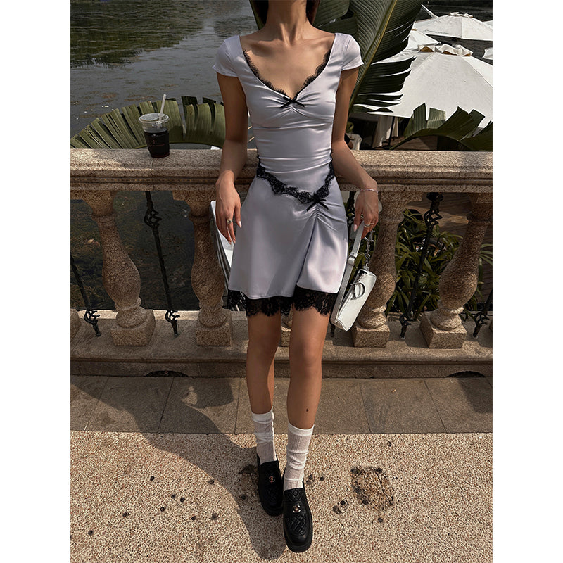 Zllkl Diaz Contrast Color French Haze Blue Lace Irregular Short Sleeve Balletcore Mini Dress
