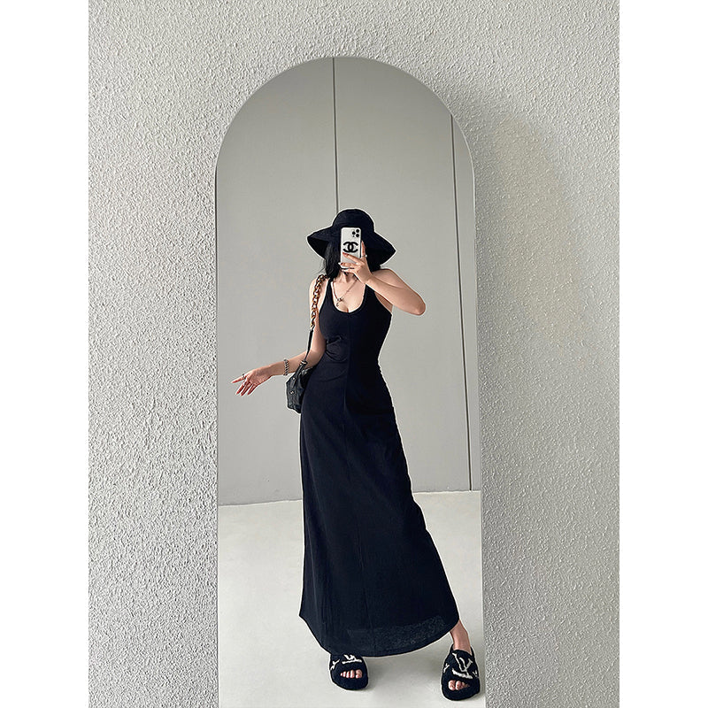 Zllkl Nia Solid Color U-Neck Cinched Waist Wide Strap Halter Slim Long Midi Dress