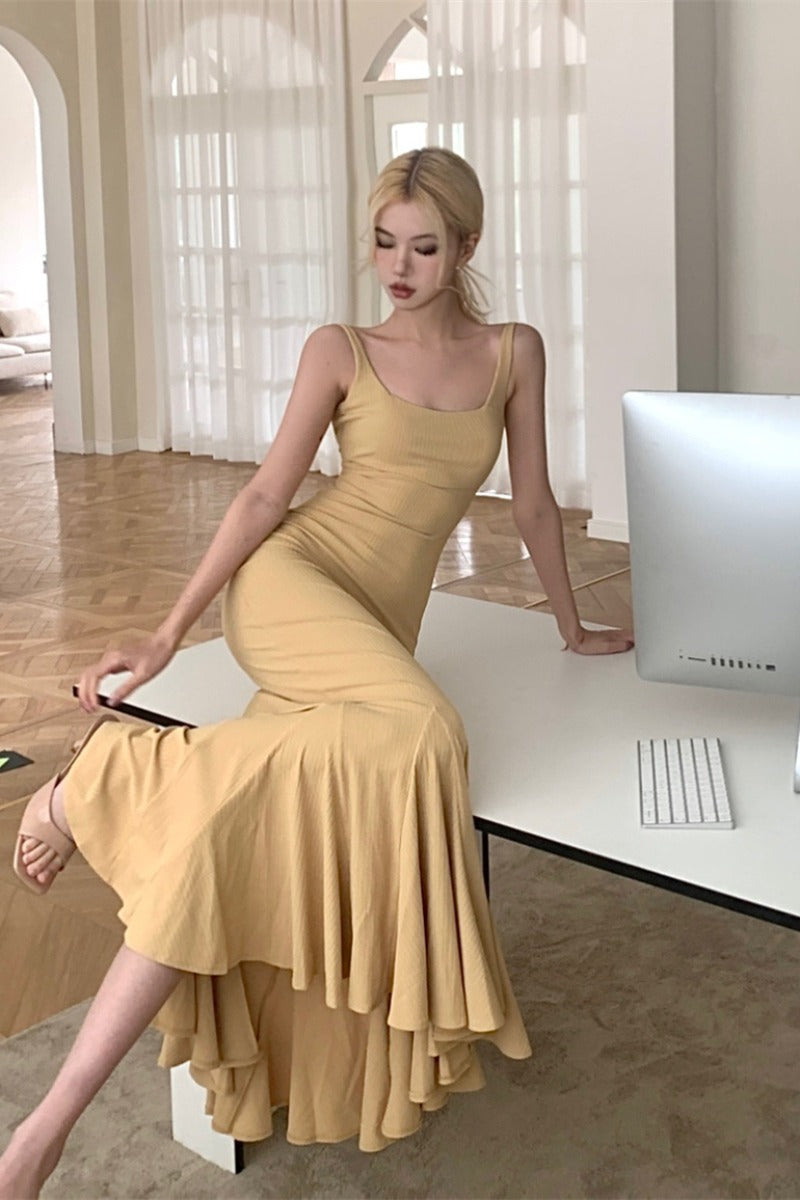 Zllkl Gladi Solid Color Yellow French Slim Slip Long Fishtail Dress