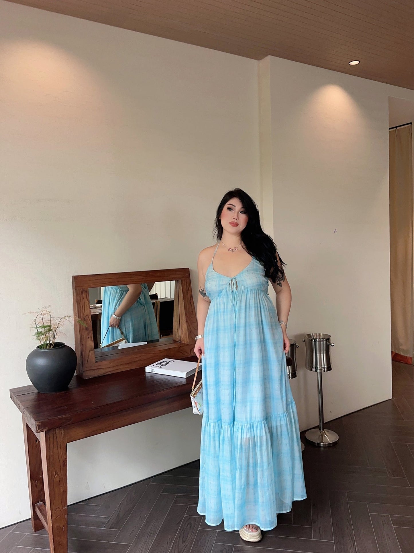 Zllkl Clara Plus Size Plaid Mint Green French V-Neck Slip Spaghetti Strap Long Dress
