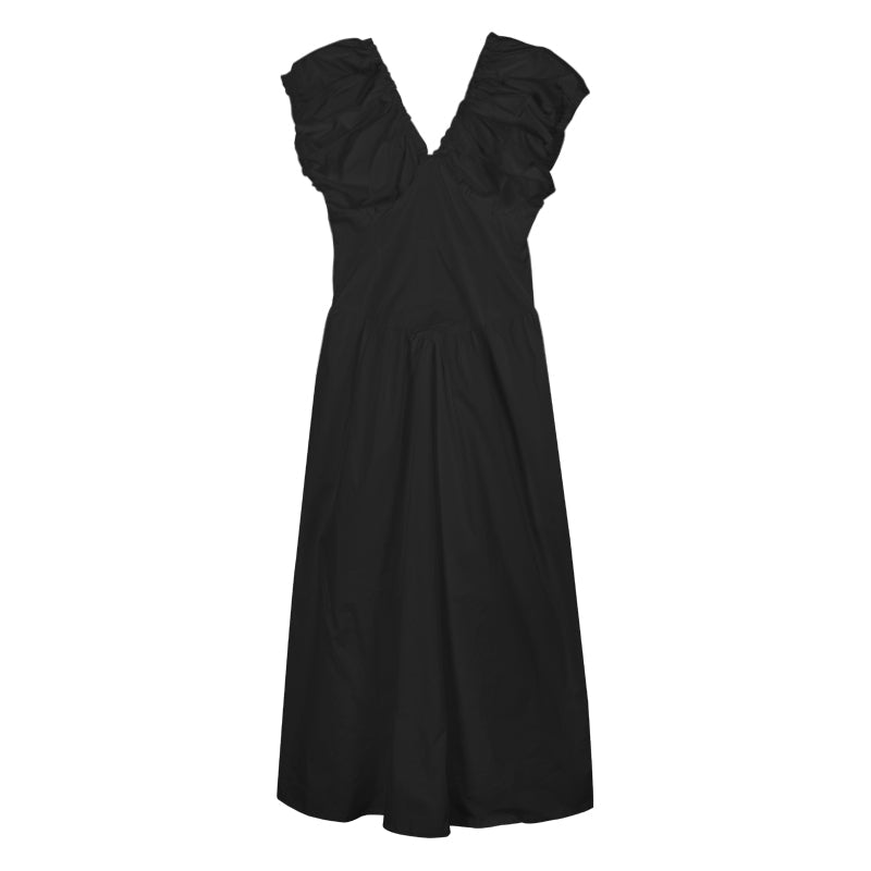 Zllkl Zianna Solid Color French V-neck Puff Short Sleeve Ruffled A-Line Long Maxi Dress