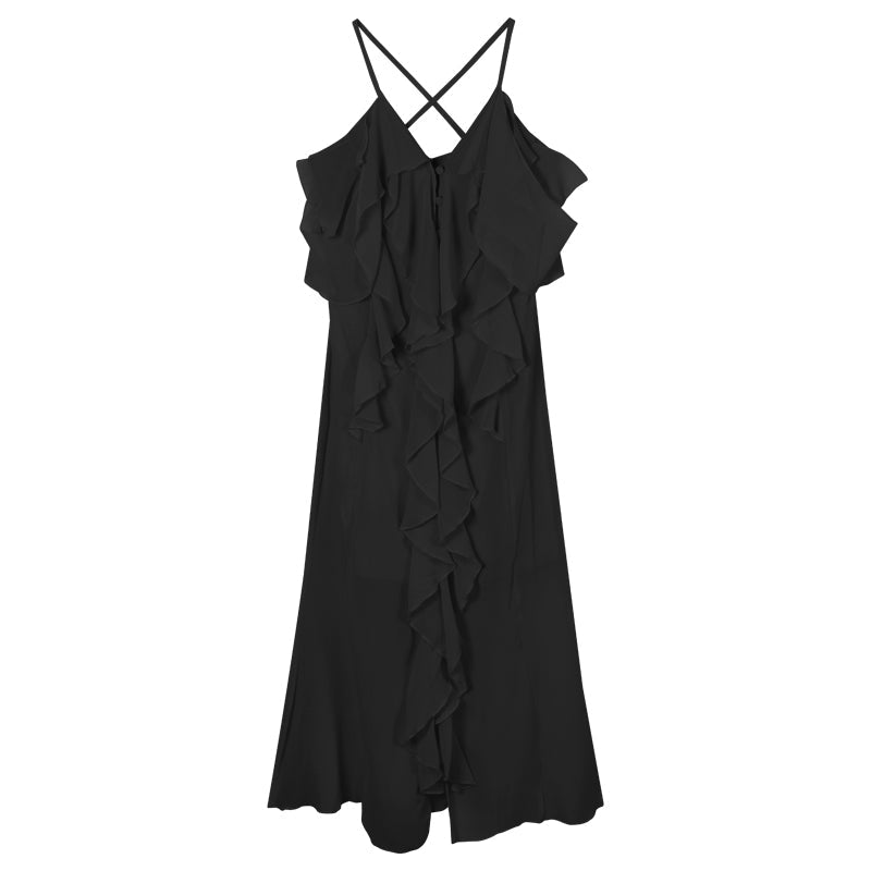 Zllkl Barbra Solid Color Pink Mesh Slip Midi Irregular Ruffled A-line Split Dress