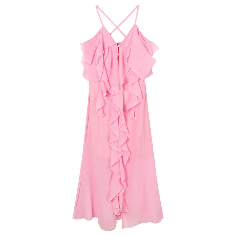 Zllkl Barbra Solid Color Pink Mesh Slip Midi Irregular Ruffled A-line Split Dress