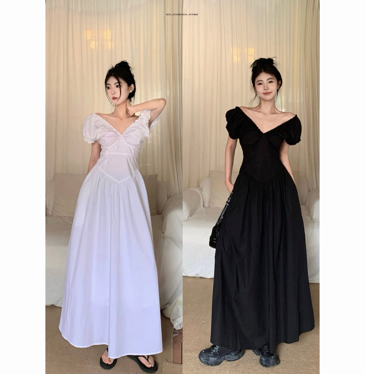 Zllkl Zianna Solid Color French V-neck Puff Short Sleeve Ruffled A-Line Long Maxi Dress
