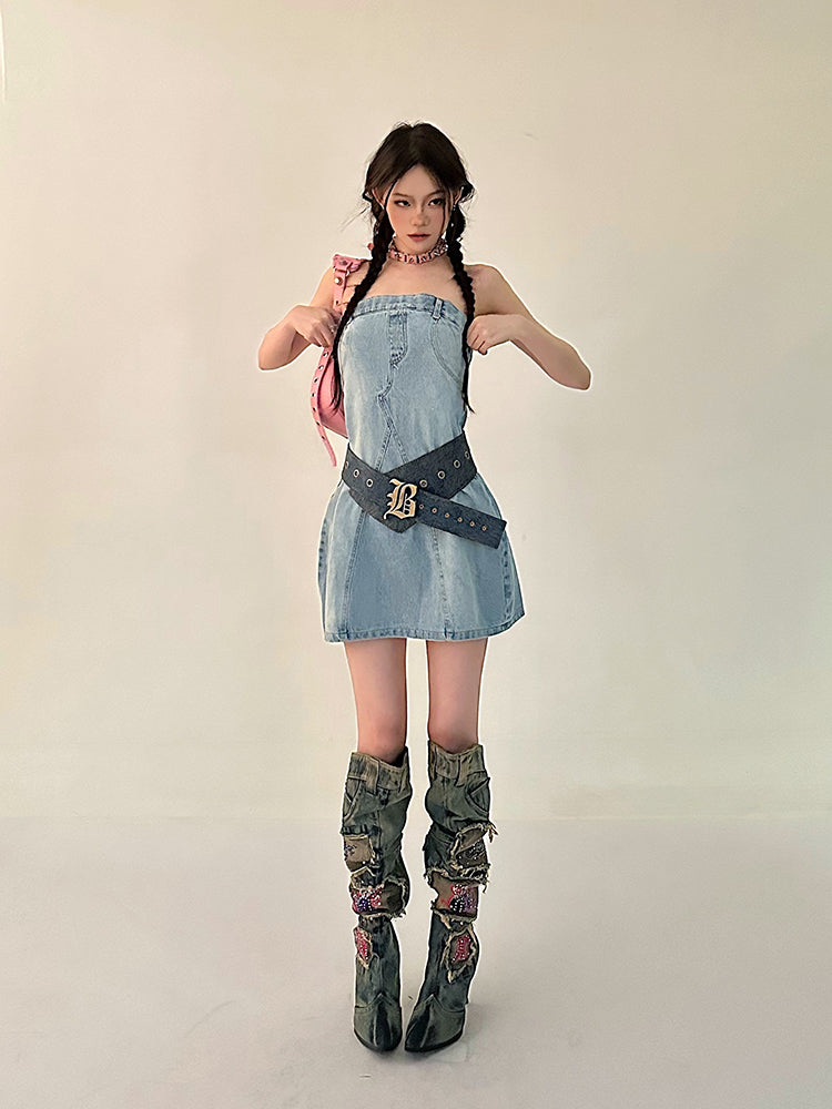 Zllkl Oriel Denim Blue Washed Vintage Sleeveless Bandeau Mini Dress