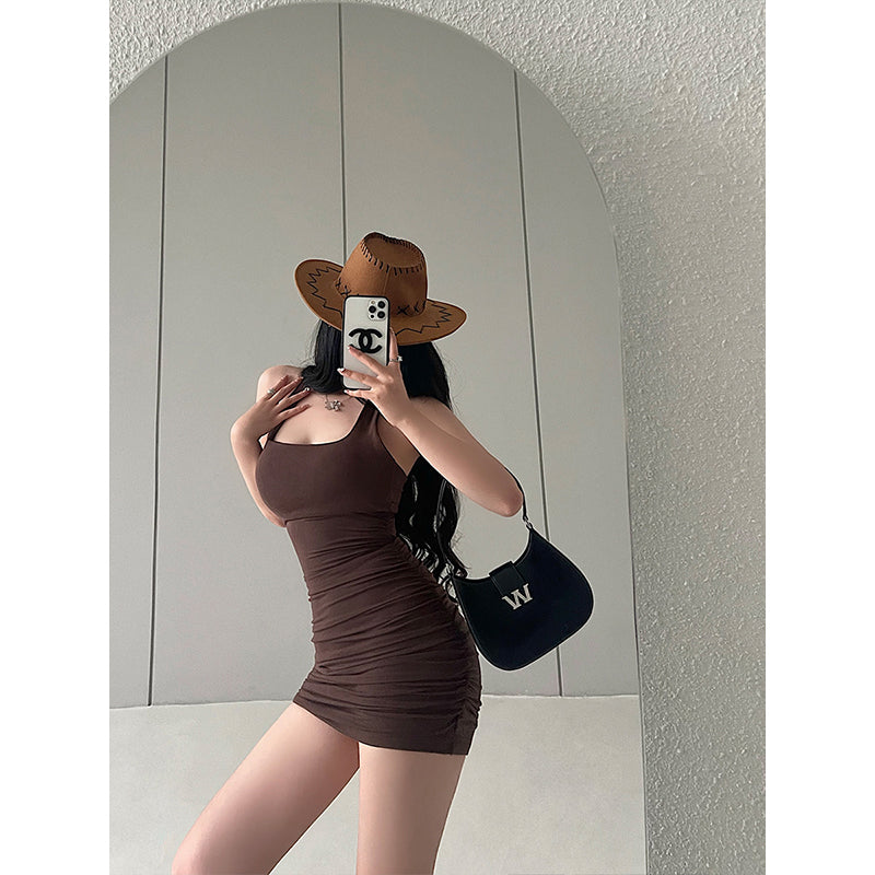 Zllkl Devena Solid Color Pleated Halter Backless Sleeveless Slim Mini Dress