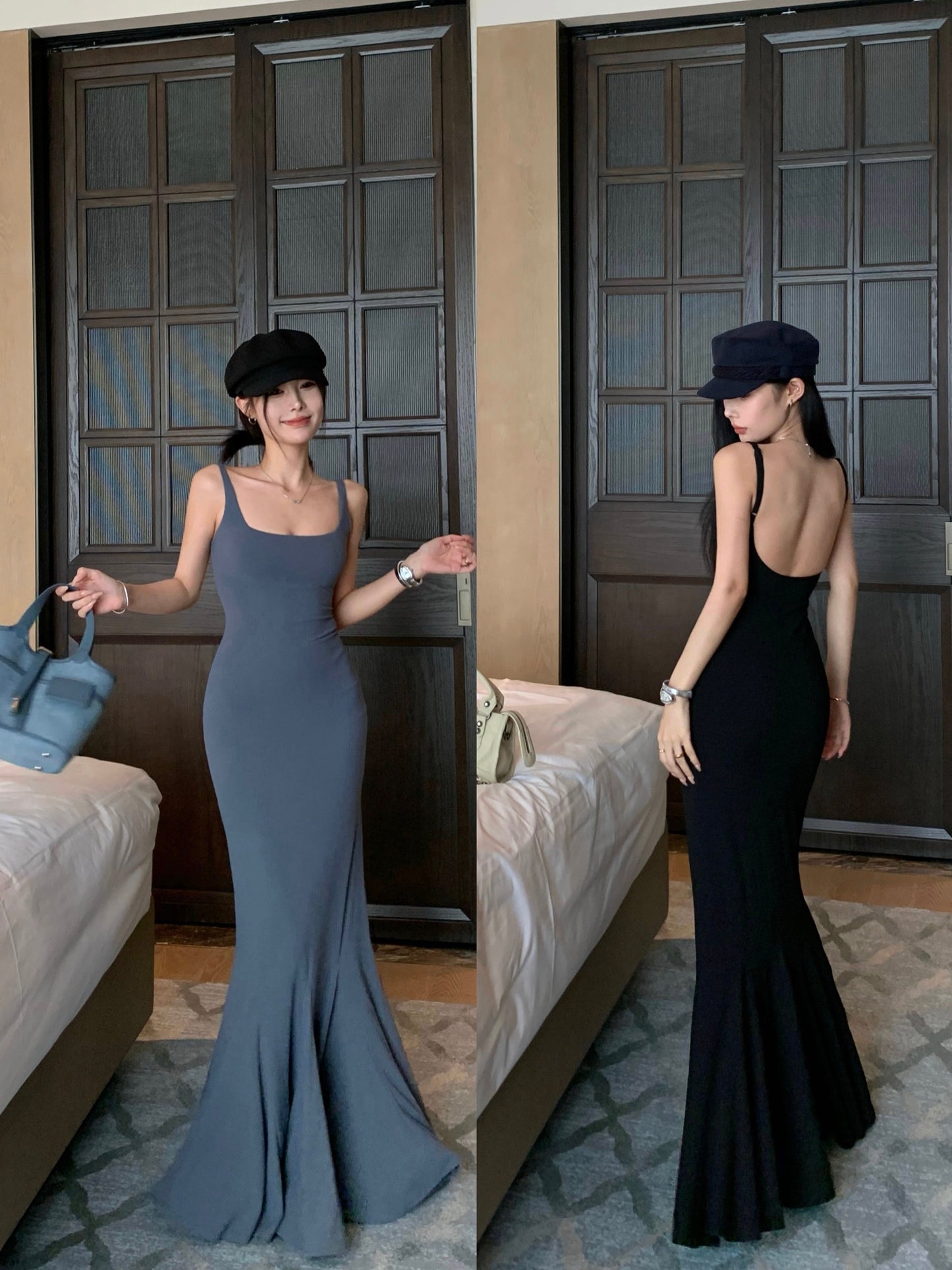 Zllkl Kielle Solid Color Square Neck Spaghetti Strap Slim Sleeveless Fishtail Long Dress