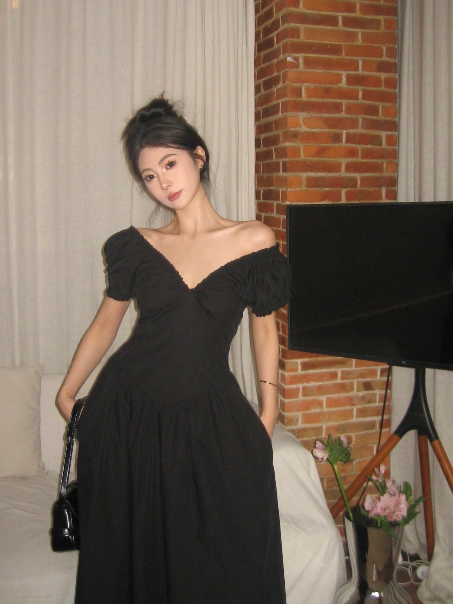Zllkl Zianna Solid Color French V-neck Puff Short Sleeve Ruffled A-Line Long Maxi Dress