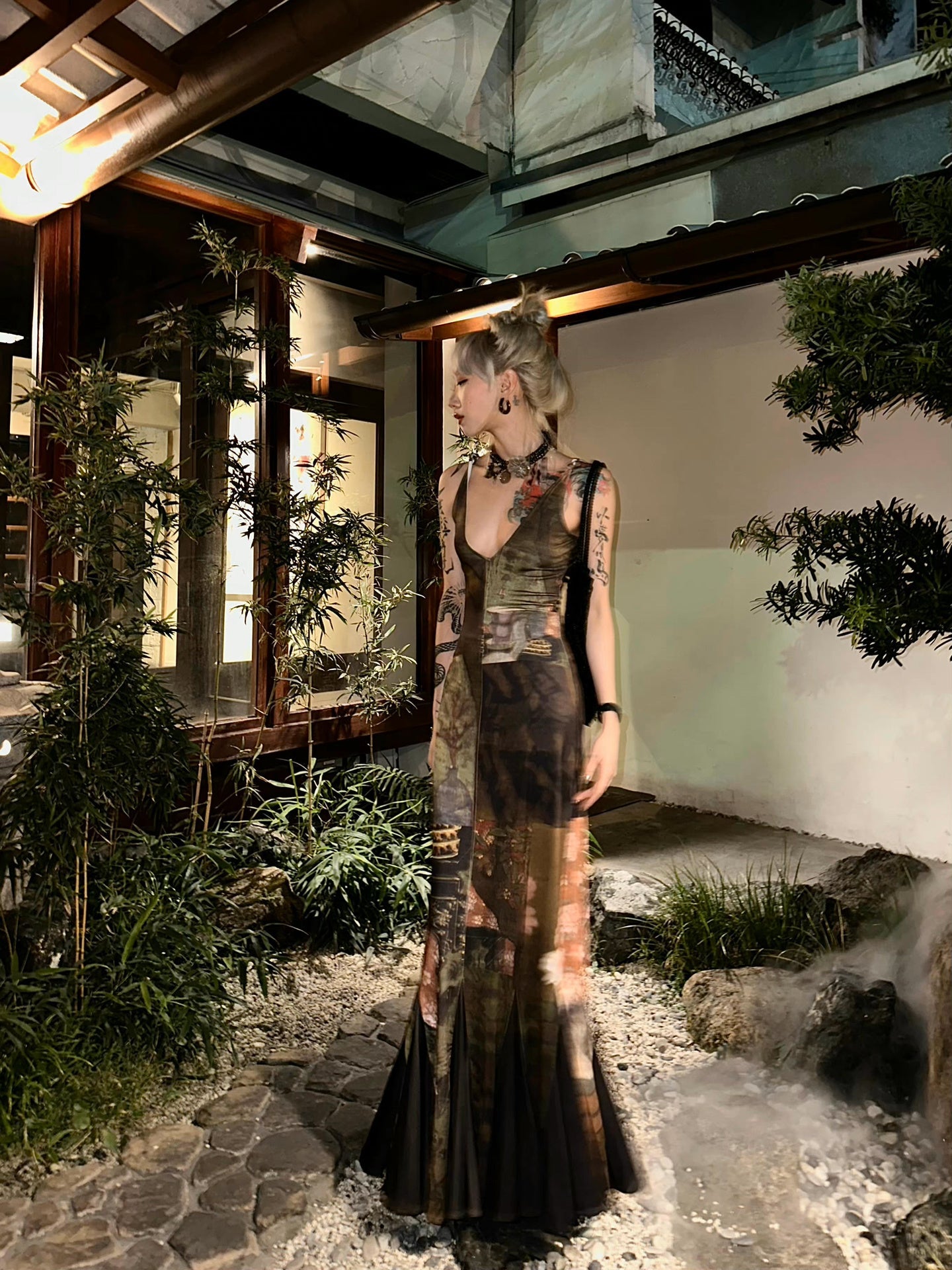 Zllkl Kiara Chinese Floral Print Dark Sweet Spaghetti Strap V-Neck Contrast Fishtail Design Long Dress