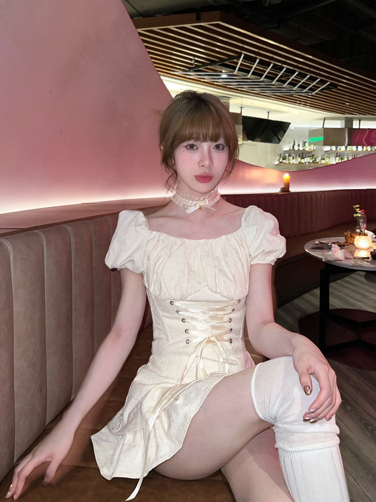 Zllkl Lala Solid Color Apricot Short Puffed Sleeve Lace Up Waist Double Layer Mini Dress