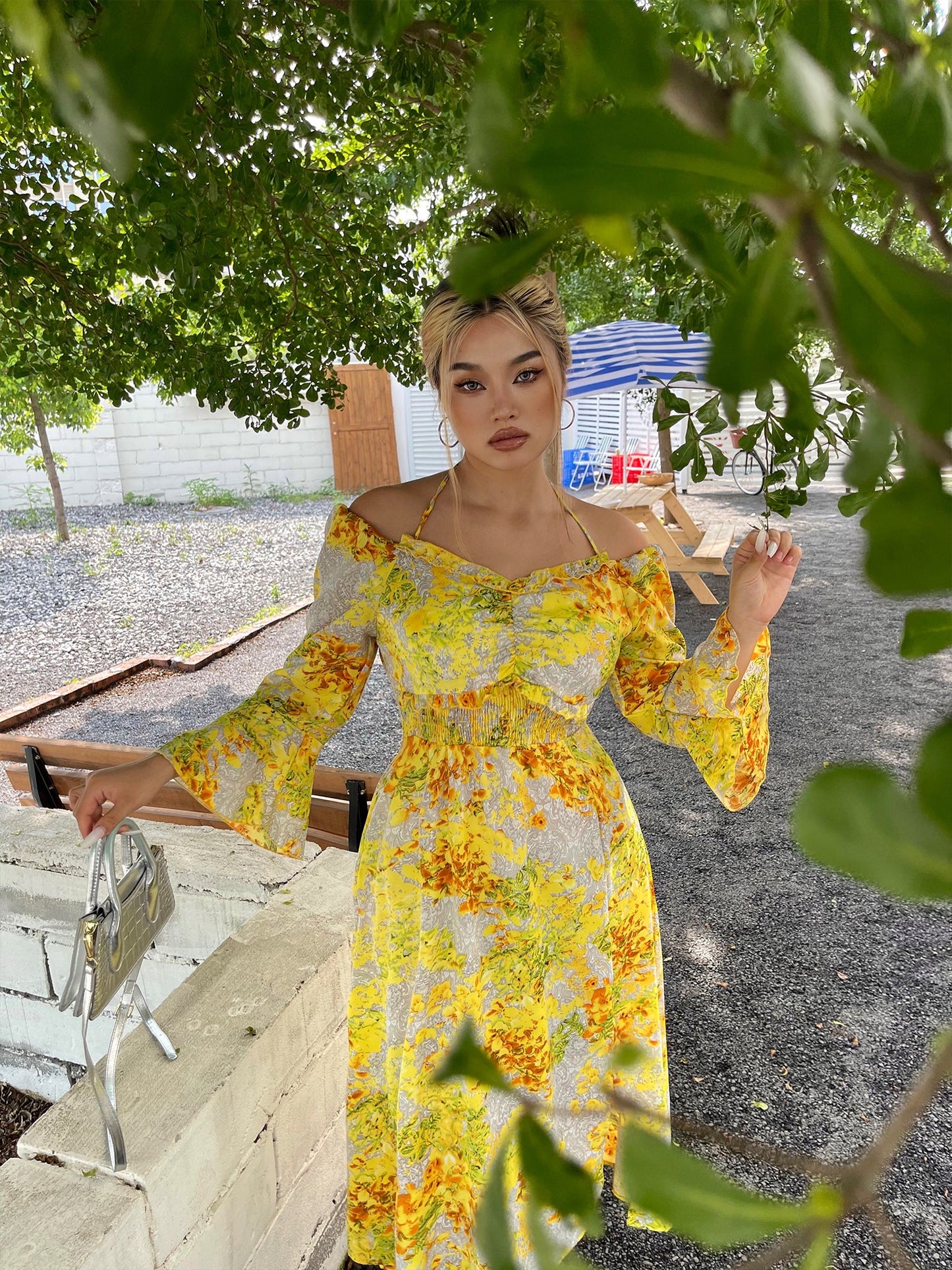 Zllkl Naoum Plus Size Sun Bright Yellow Floral Front Cross V-Neck Short Sleeve Side Slit Long Dress