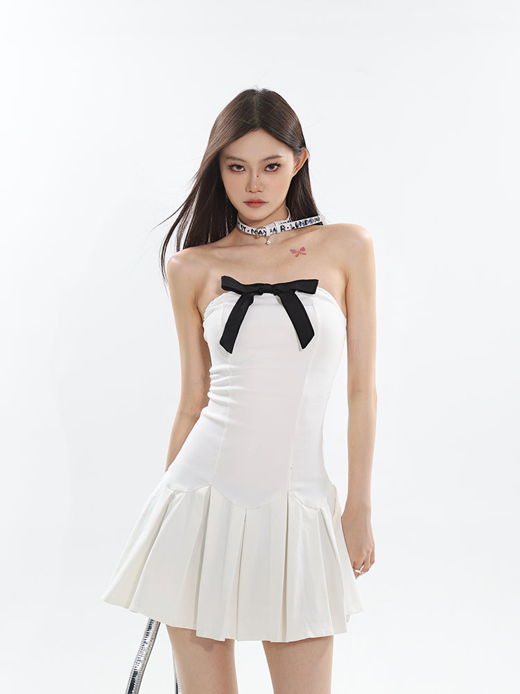 Zllkl Flora Solid Color Black Bow Tie Bandeau Sleeveless Pleated Mini Dress