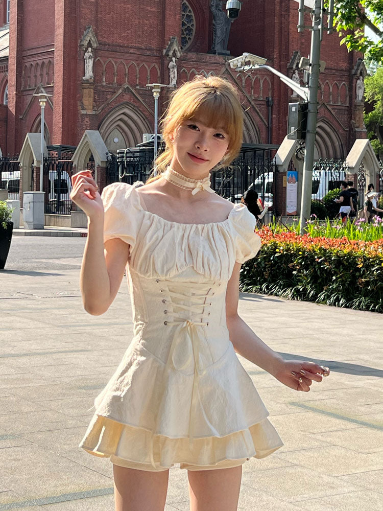 Zllkl Lala Solid Color Apricot Short Puffed Sleeve Lace Up Waist Double Layer Mini Dress