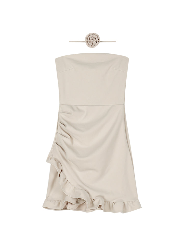 Zllkl Jessica Solid Color Sleeveless Bandeau Ruffle Neck Rose Tie Slim Mini Dress