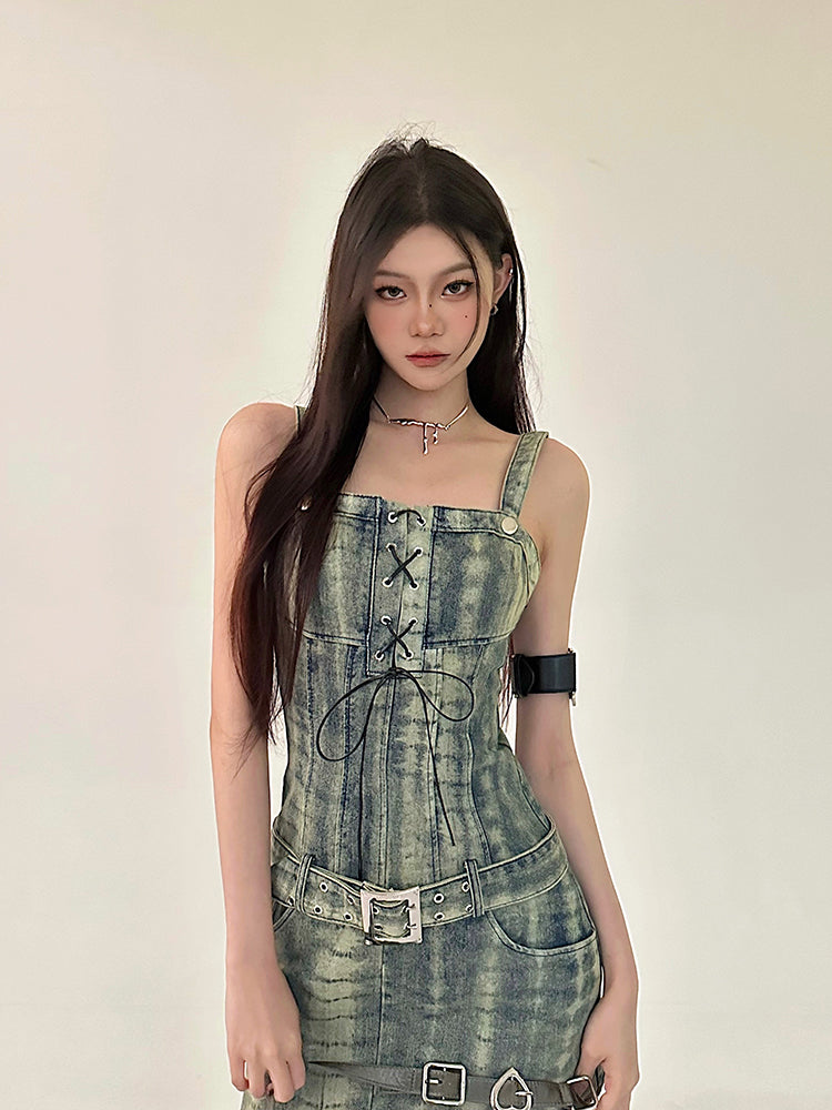 Zllkl Dania Denim Washed Pattern Wide Strap Lace Up Waist Belt Slim Mini Dress