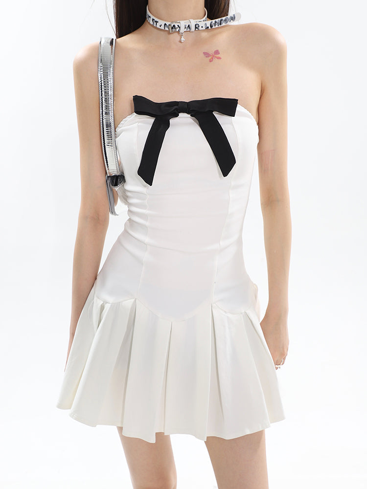 Zllkl Flora Solid Color Black Bow Tie Bandeau Sleeveless Pleated Mini Dress