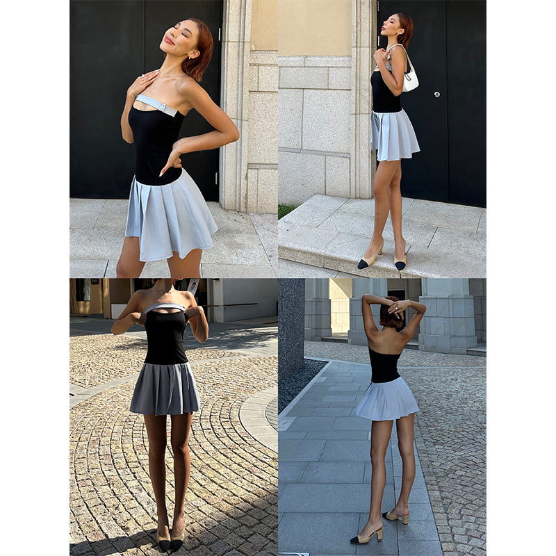 Zllkl Latiana Contrast Color Haze Blue Paneled Bandeau Stretch Pleated Mini Dress
