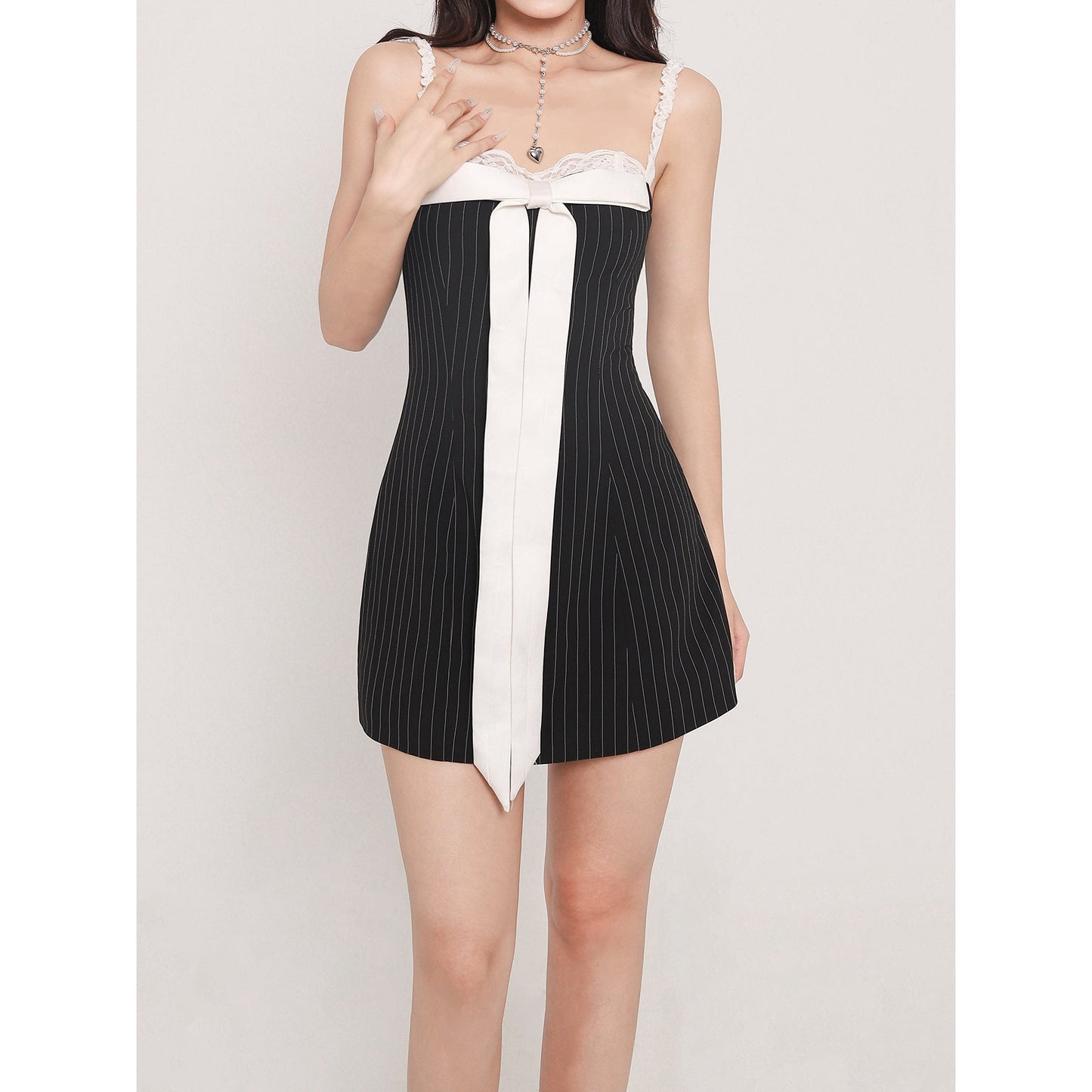 Zllkl Zia Stripe White Front Bow Slip Off-the-Shoulder Mini Dress