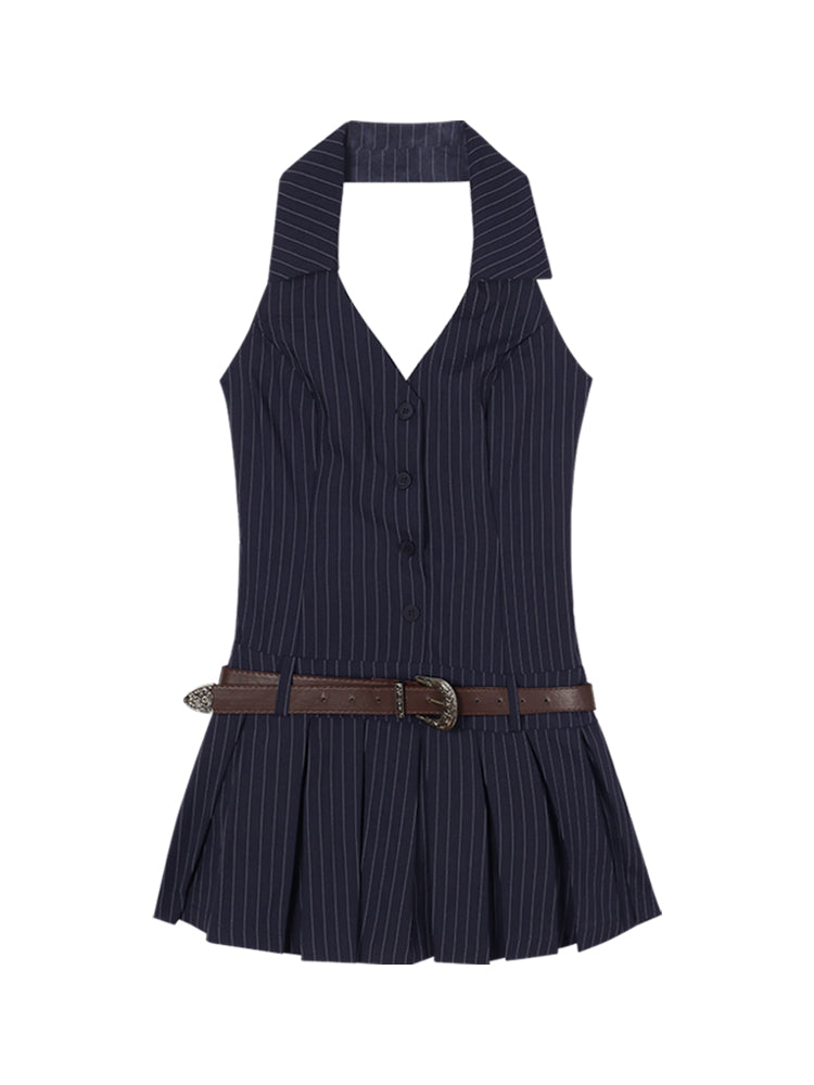 Zllkl Olivia Striped Navy Blue Slim Sleeveless V-neck Halter Neck Waist Belt Pleated A-line Mini Dress