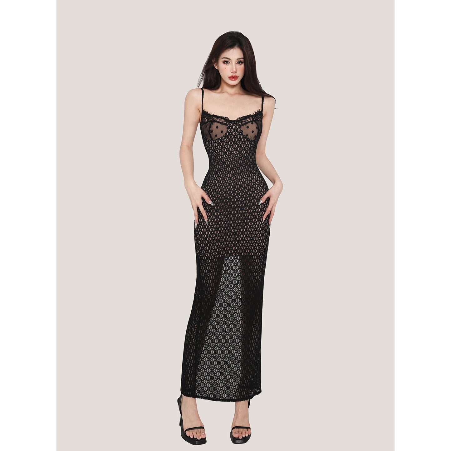 Zllkl Latty Black Apricot Fishnet Slip Tight Slim V-Neck Long Dress