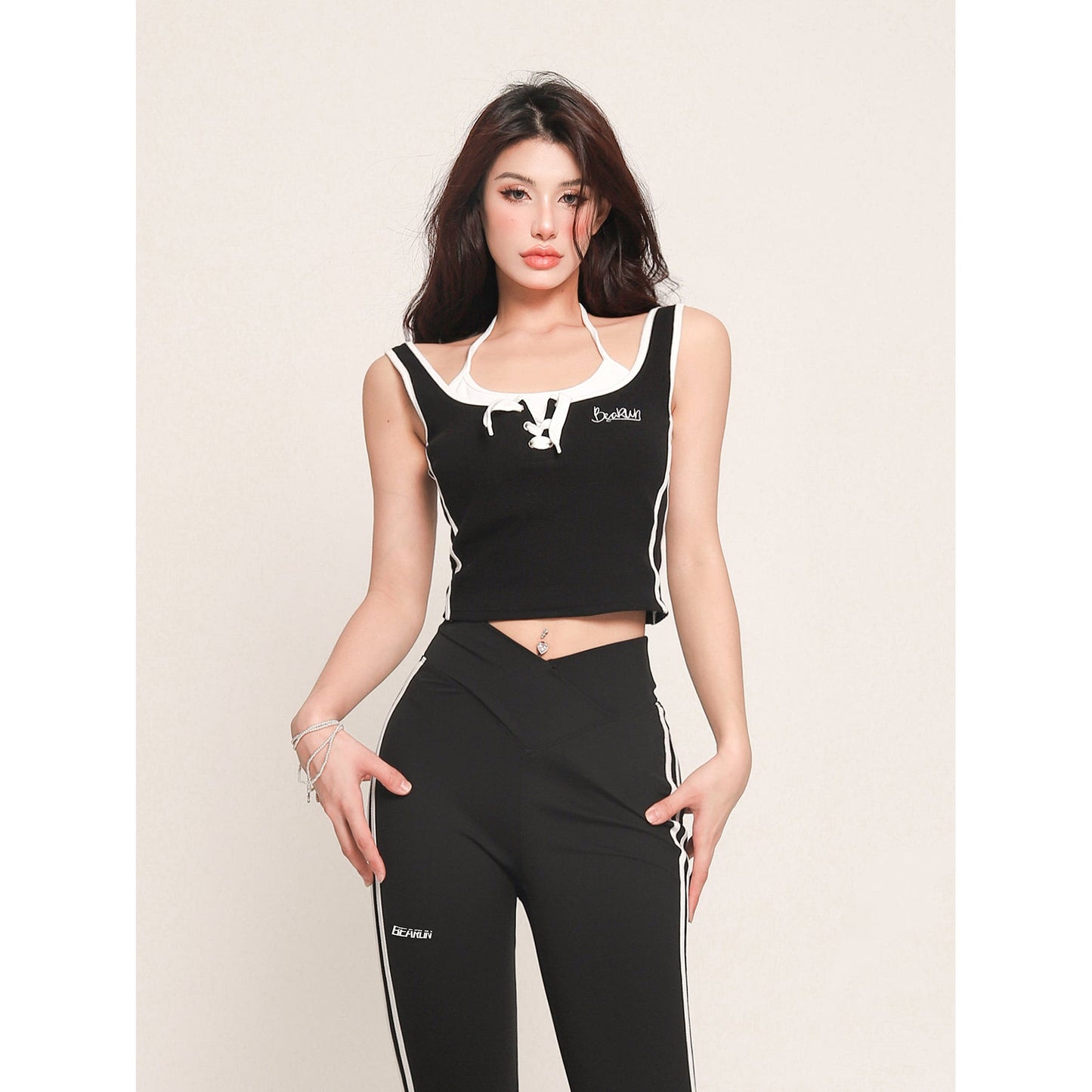 Zllkl Jaimie Contrast Color White Halter Neck White Stripes Black Spaghetti Strap Slim Mini Dress &Top