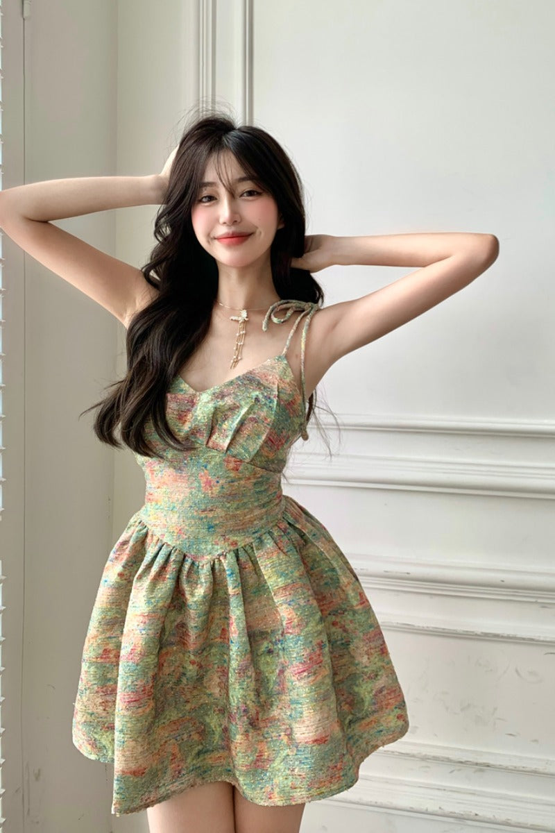 Zllkl Laura Green Floral Slip V-Neck Small Waist Puffy Pleated Mini Dress