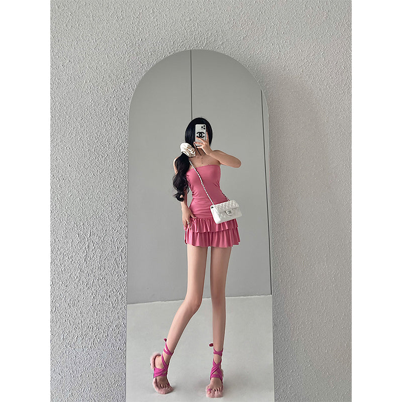Zllkl Naya Solid Color Slim Folds Bandeau Double Ruffled Layer Mini Dress
