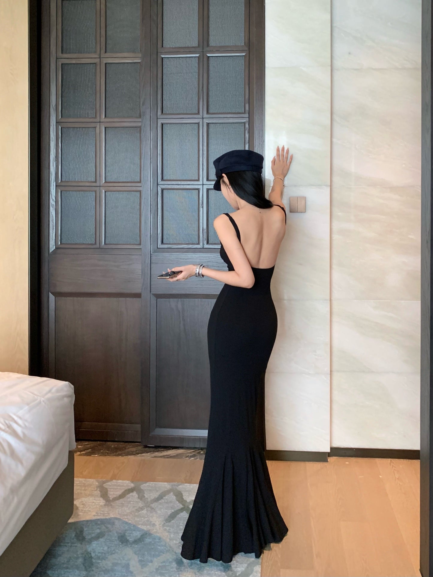 Zllkl Kielle Solid Color Square Neck Spaghetti Strap Slim Sleeveless Fishtail Long Dress