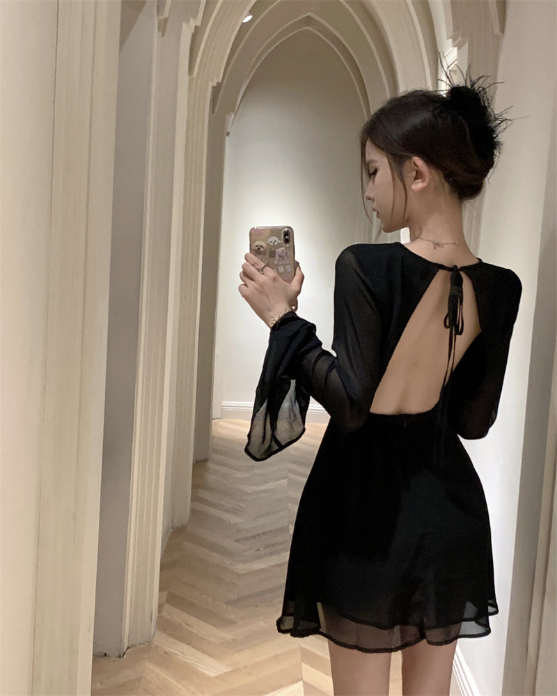 Zllkl Fiona Solid Color Black Long Sleeve Backless Round Neck Pleated Mini Dress