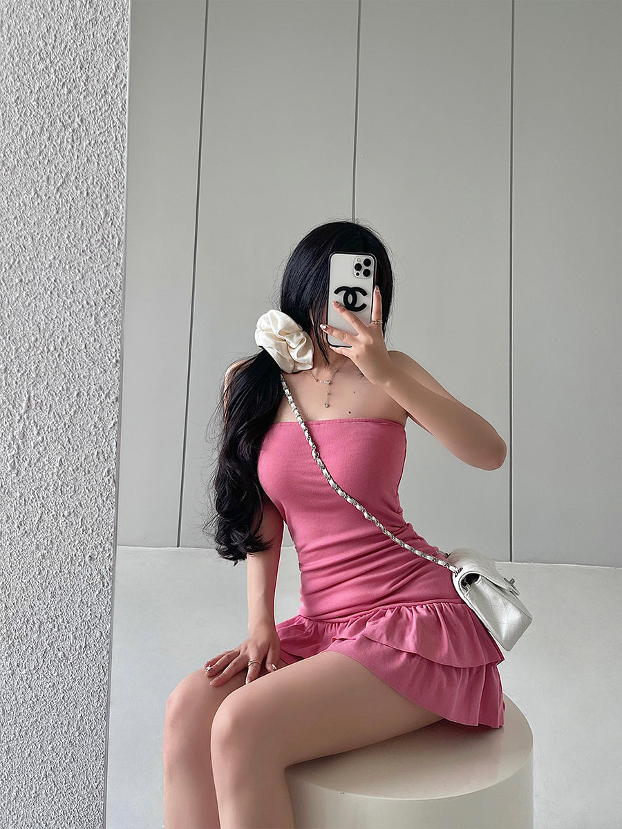 Zllkl Naya Solid Color Slim Folds Bandeau Double Ruffled Layer Mini Dress