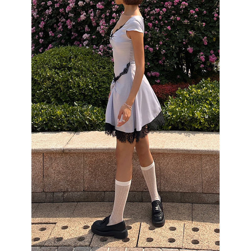 Zllkl Diaz Contrast Color French Haze Blue Lace Irregular Short Sleeve Balletcore Mini Dress