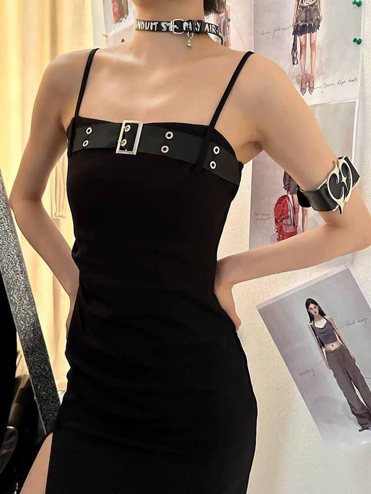 Zllkl Azelia Solid Color Black Chest Belt Strap Spaghetti Straps Square Neck Bandeau Side Slit Long Summer Dress