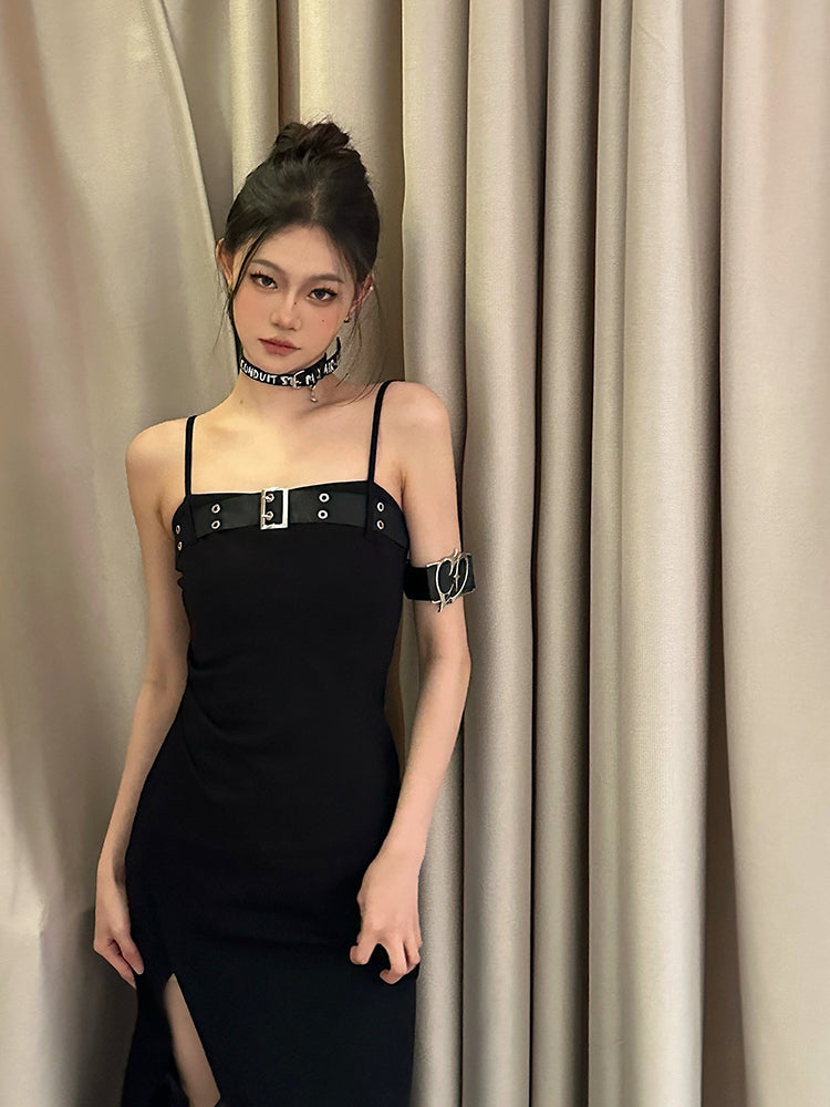 Zllkl Azelia Solid Color Black Chest Belt Strap Spaghetti Straps Square Neck Bandeau Side Slit Long Summer Dress