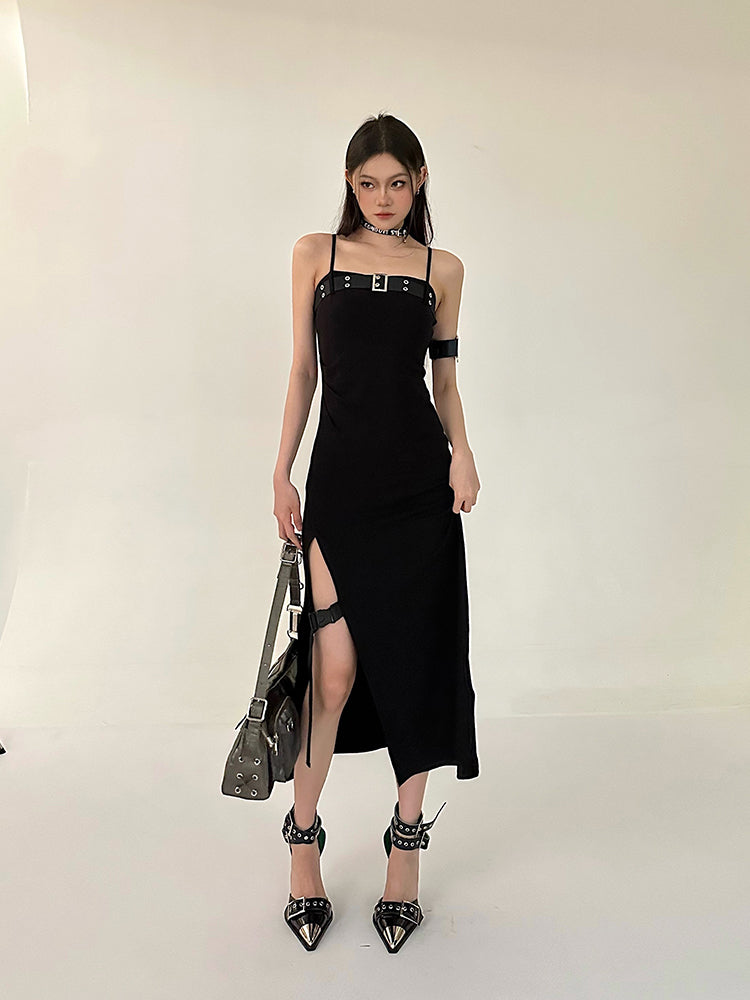 Zllkl Azelia Solid Color Black Chest Belt Strap Spaghetti Straps Square Neck Bandeau Side Slit Long Summer Dress