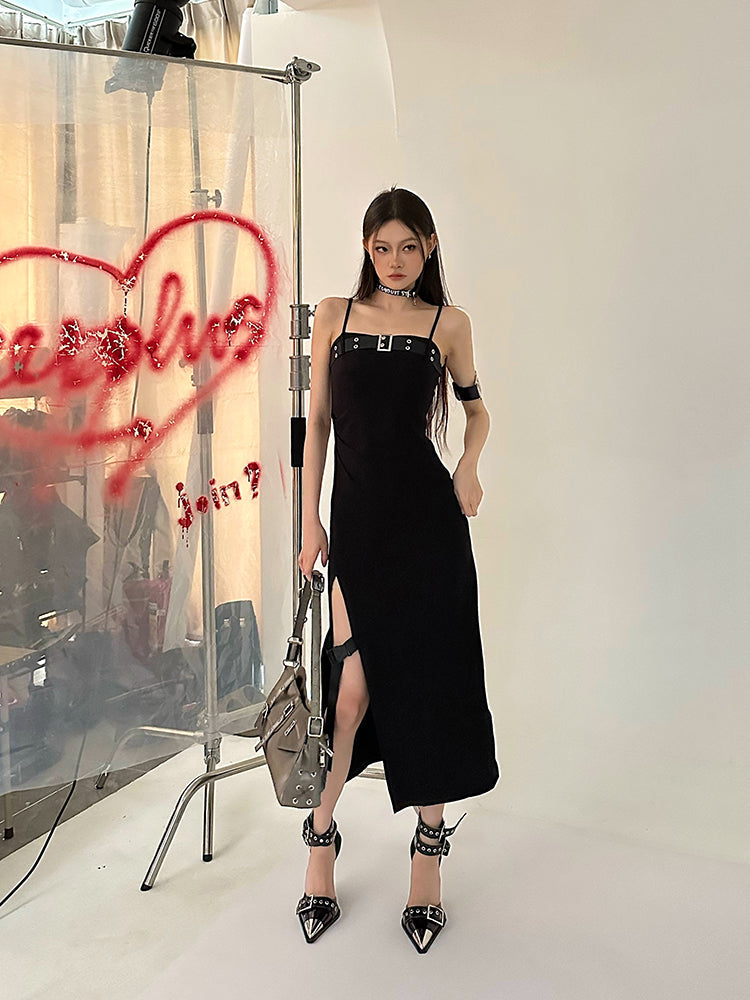 Zllkl Azelia Solid Color Black Chest Belt Strap Spaghetti Straps Square Neck Bandeau Side Slit Long Summer Dress