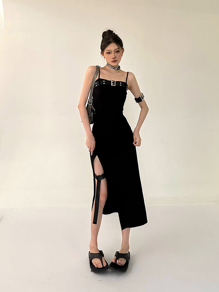 Zllkl Azelia Solid Color Black Chest Belt Strap Spaghetti Straps Square Neck Bandeau Side Slit Long Summer Dress