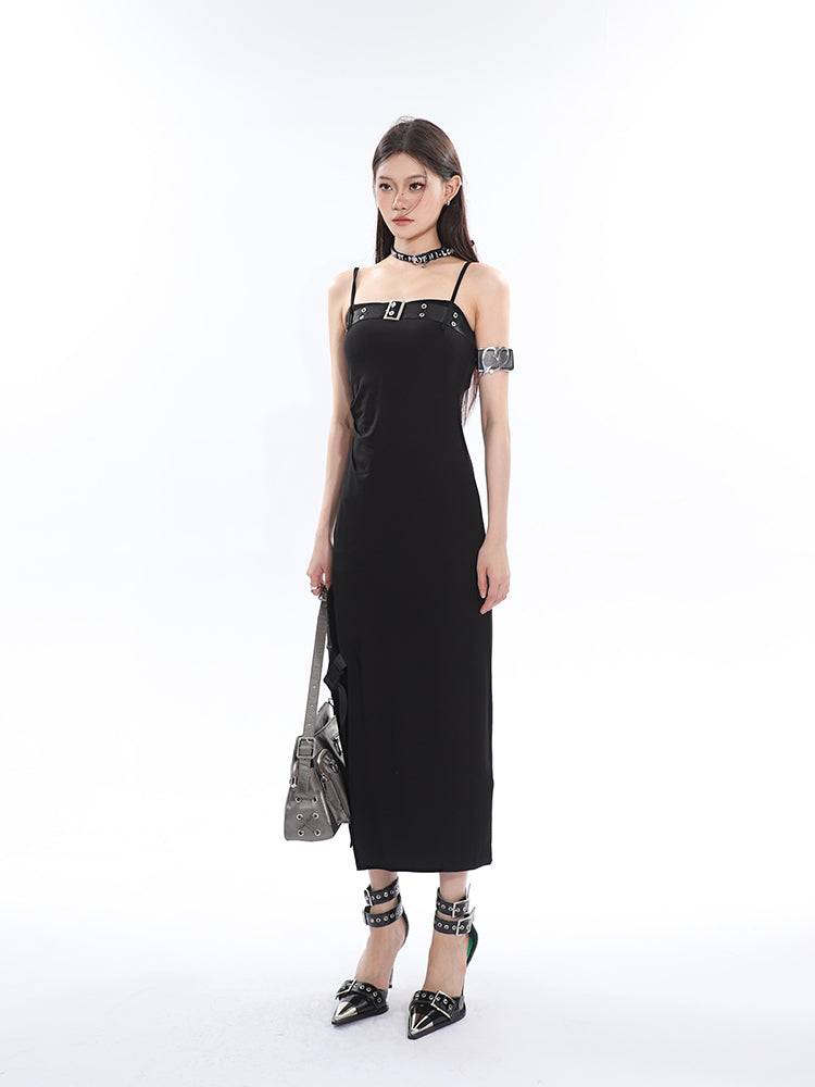 Zllkl Azelia Solid Color Black Chest Belt Strap Spaghetti Straps Square Neck Bandeau Side Slit Long Summer Dress