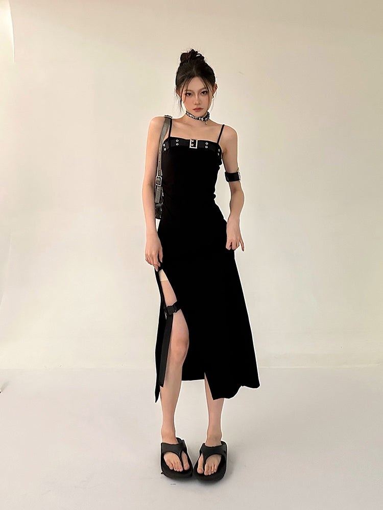 Zllkl Azelia Solid Color Black Chest Belt Strap Spaghetti Straps Square Neck Bandeau Side Slit Long Summer Dress