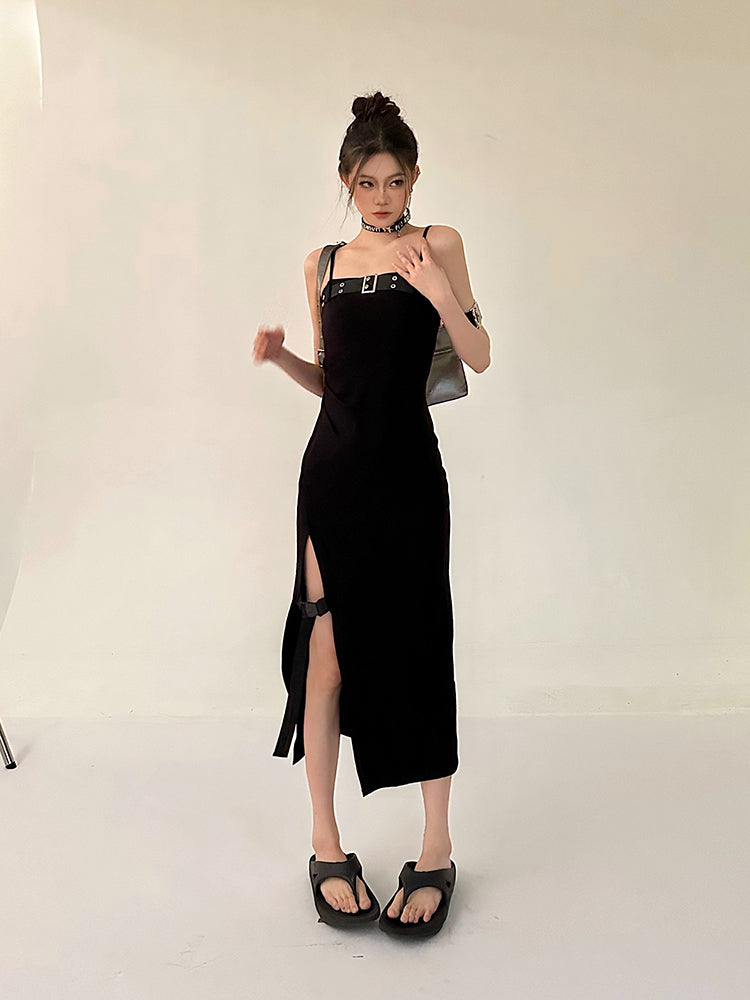 Zllkl Azelia Solid Color Black Chest Belt Strap Spaghetti Straps Square Neck Bandeau Side Slit Long Summer Dress