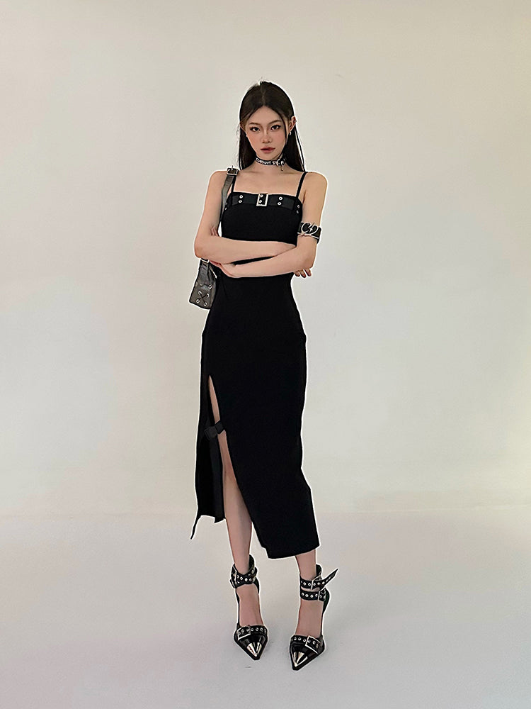 Zllkl Azelia Solid Color Black Chest Belt Strap Spaghetti Straps Square Neck Bandeau Side Slit Long Summer Dress