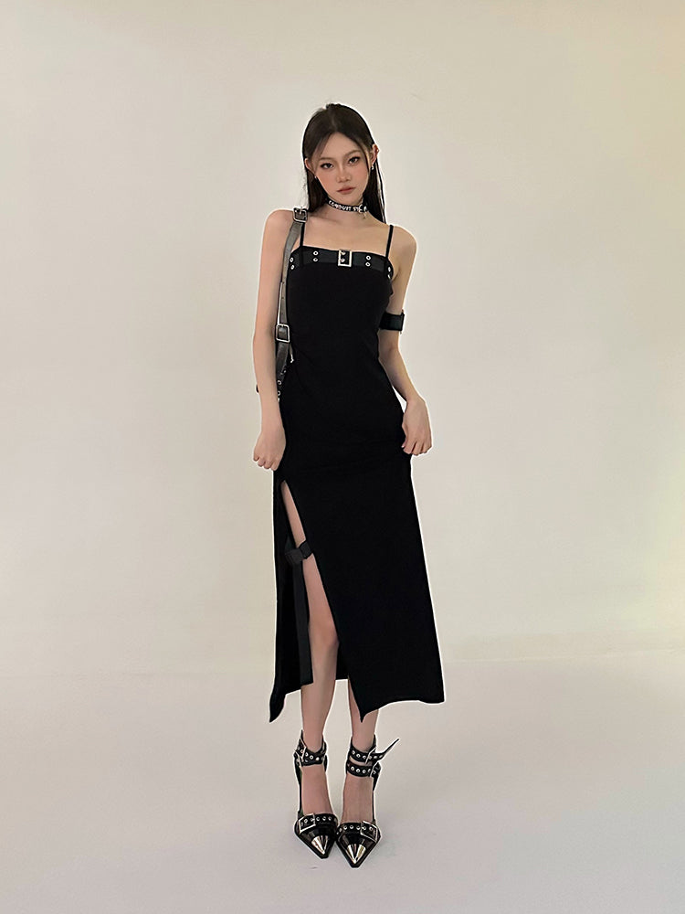 Zllkl Azelia Solid Color Black Chest Belt Strap Spaghetti Straps Square Neck Bandeau Side Slit Long Summer Dress