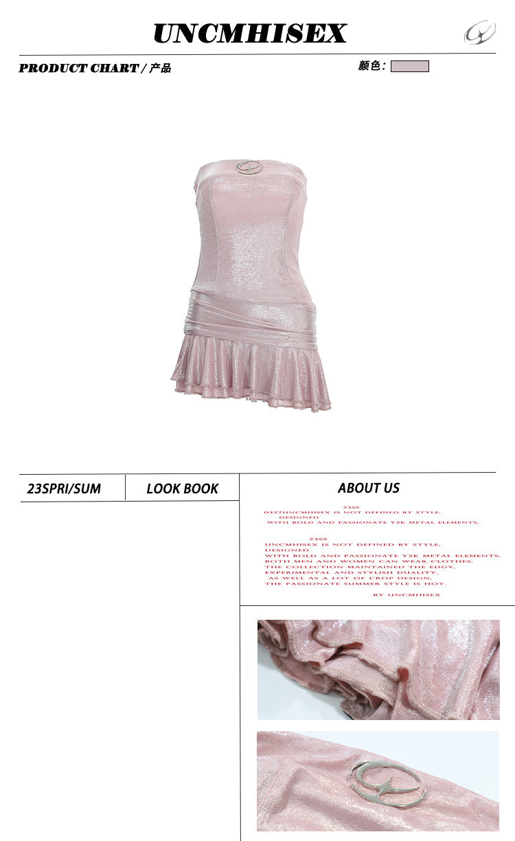 Zllkl Marabelle Solid Color Bling Shimmer Baby Pink Sleeveless Bandeau Pleated Slim Mini Dress