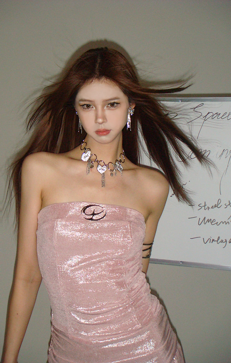 Zllkl Marabelle Solid Color Bling Shimmer Baby Pink Sleeveless Bandeau Pleated Slim Mini Dress