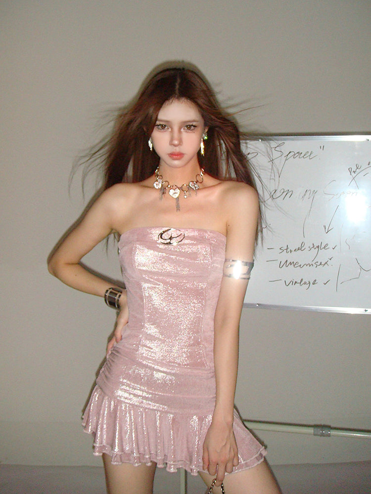 Zllkl Marabelle Solid Color Bling Shimmer Baby Pink Sleeveless Bandeau Pleated Slim Mini Dress