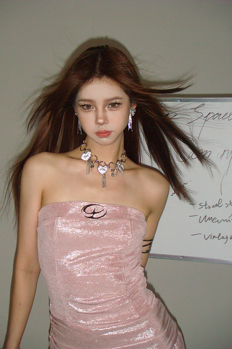 Zllkl Marabelle Solid Color Bling Shimmer Baby Pink Sleeveless Bandeau Pleated Slim Mini Dress