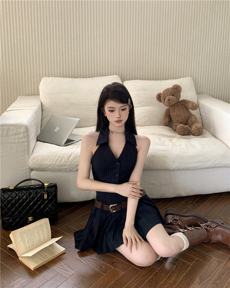 Zllkl Olivia Striped Navy Blue Slim Sleeveless V-neck Halter Neck Waist Belt Pleated A-line Mini Dress