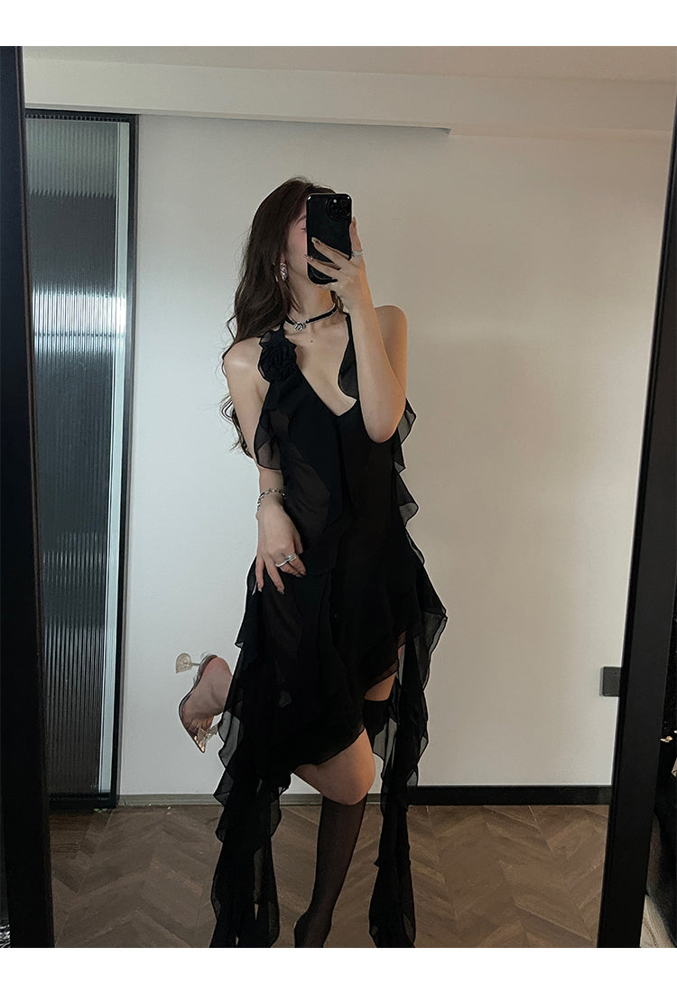 Zllkl Nola Solid Color V-Neck Ruffled Panels Halter Neck Irregular Sheer Tassel Dress