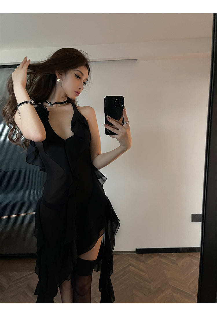 Zllkl Nola Solid Color V-Neck Ruffled Panels Halter Neck Irregular Sheer Tassel Dress