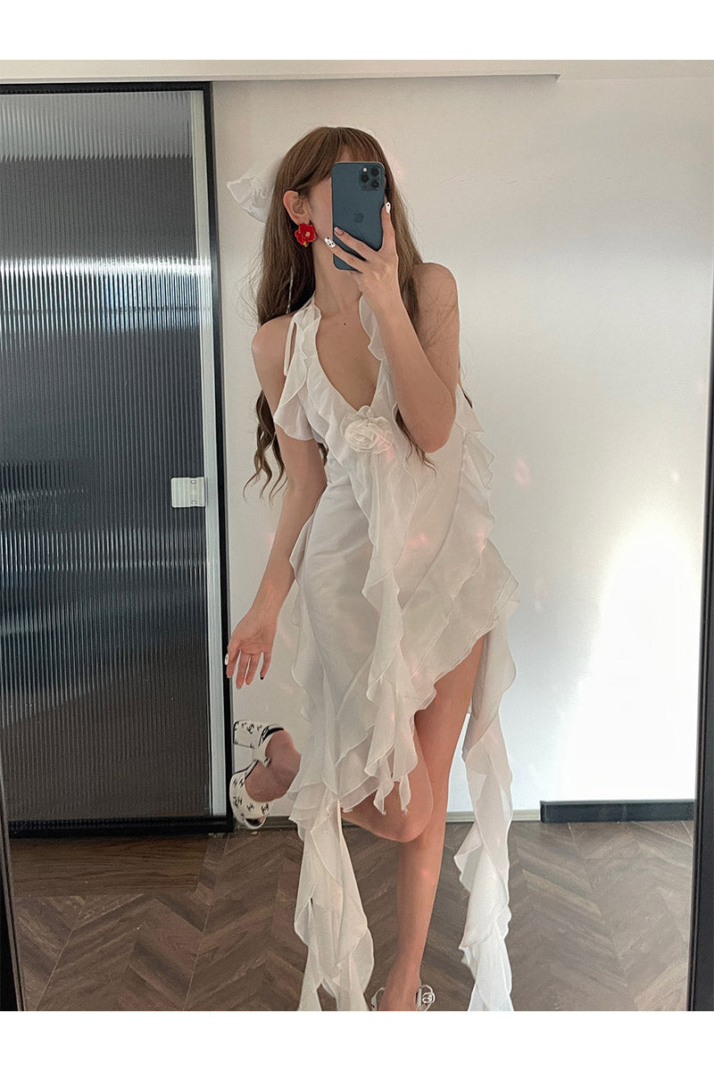 Zllkl Nola Solid Color V-Neck Ruffled Panels Halter Neck Irregular Sheer Tassel Dress